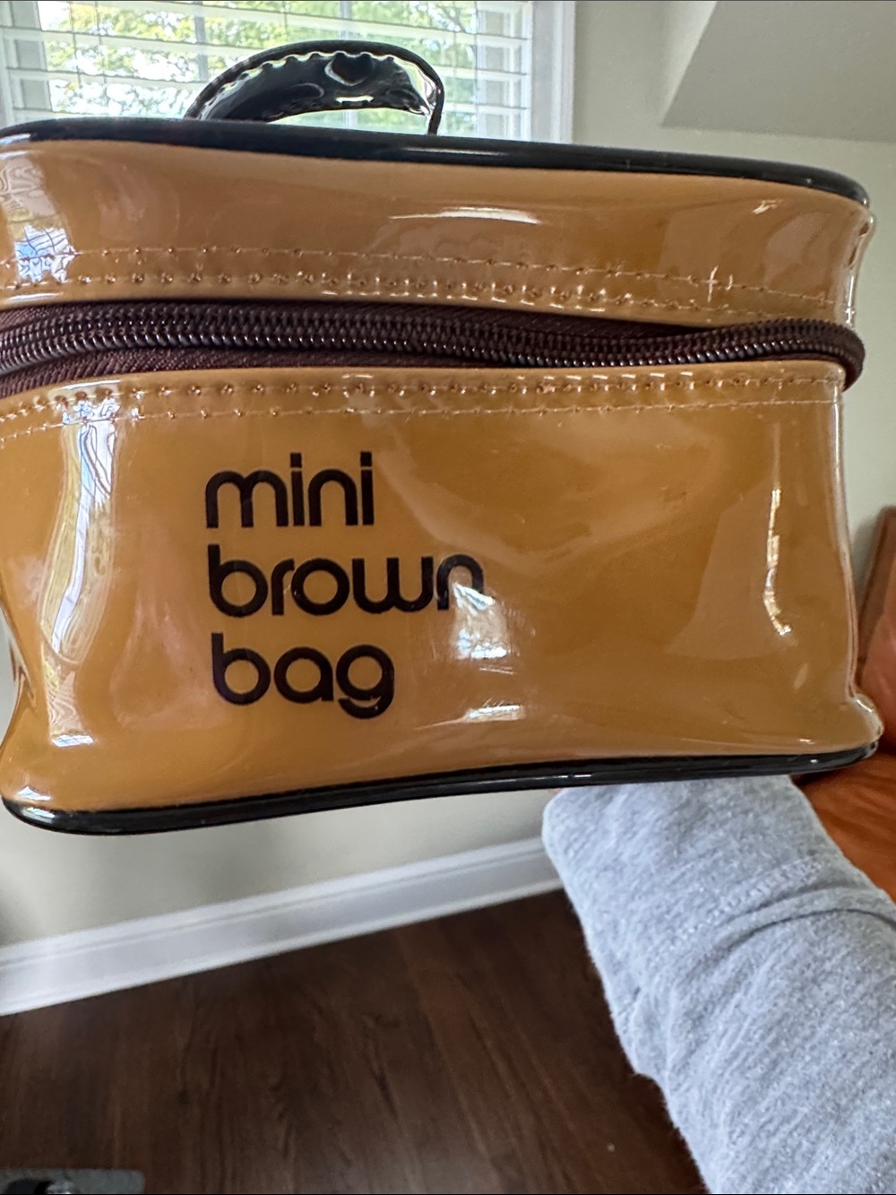 Bloomingdale's Glossy Tan 'mini brown bag' Cosmetic Case